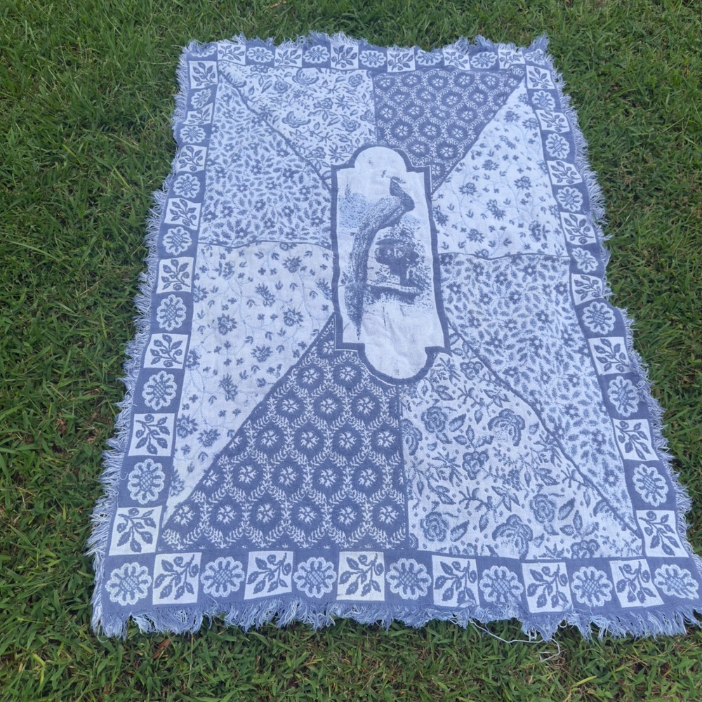 Vintage Woven Peacock Floral Patchwork Tapestry Throw Blanket Fringe Cottagecore
